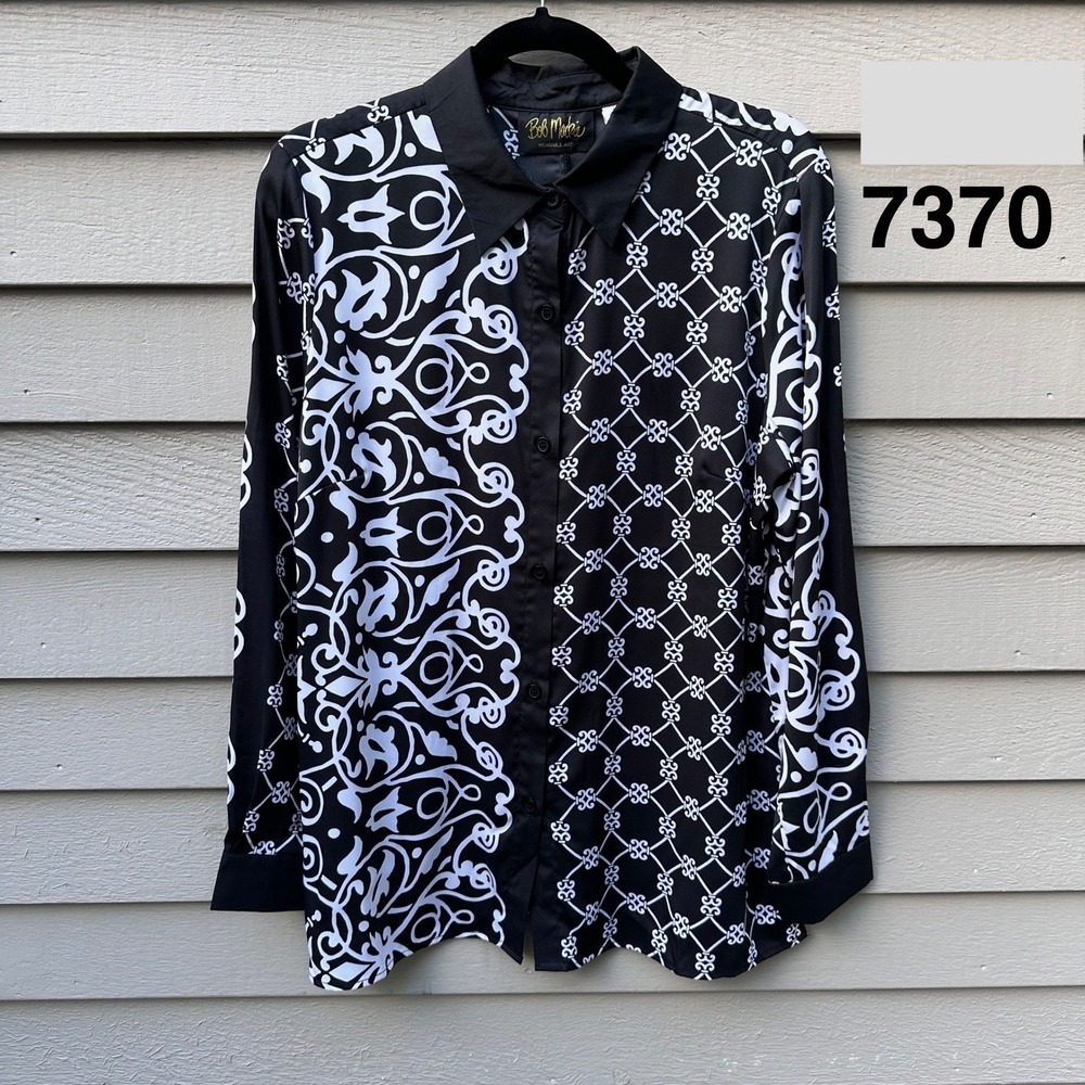 Bob Mackie Wearable Art Womens Black White Scroll Geometric Button Down Blouse M